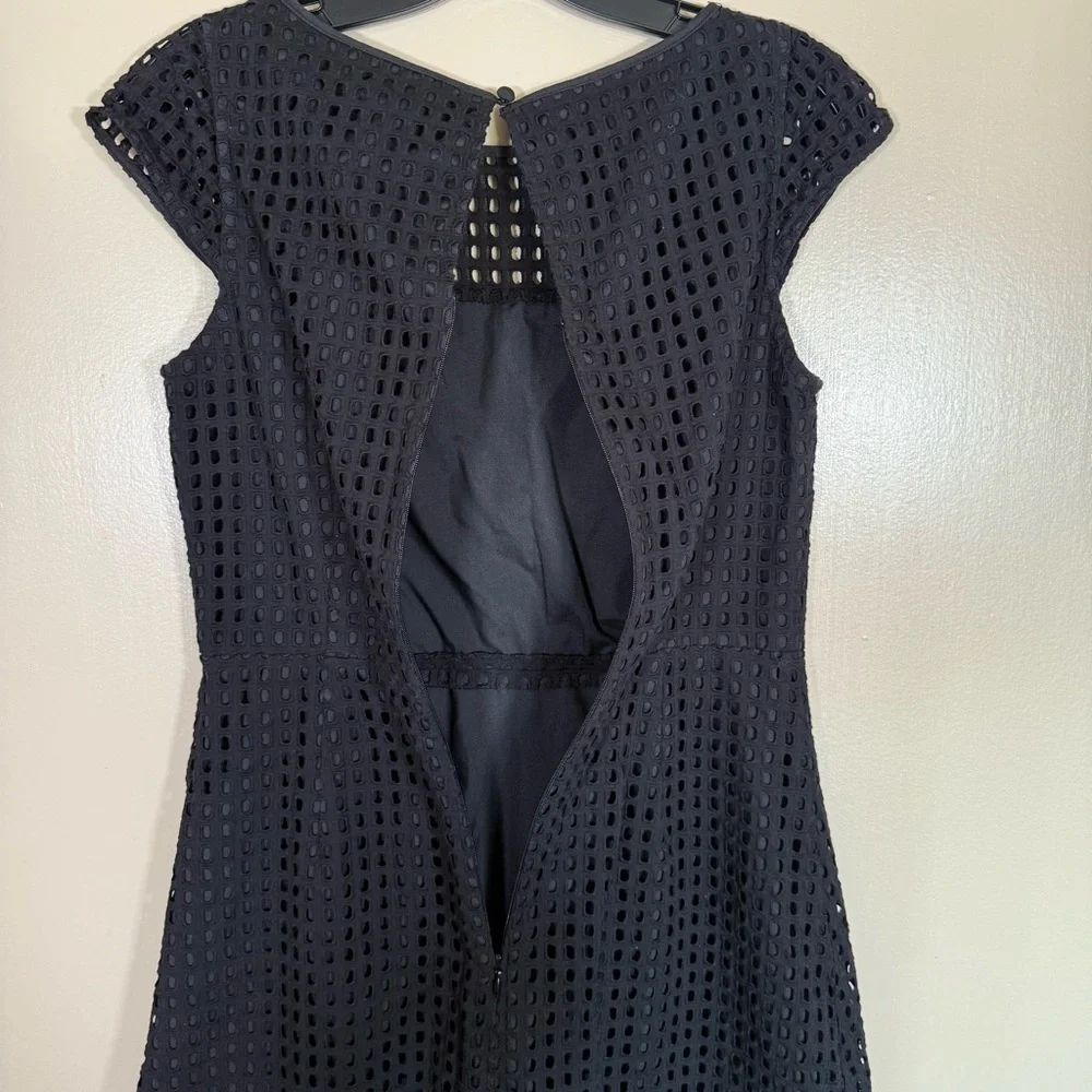 J Crew Laser Cut Net Grid Cap Sleeve Black Mini Dress Size 6